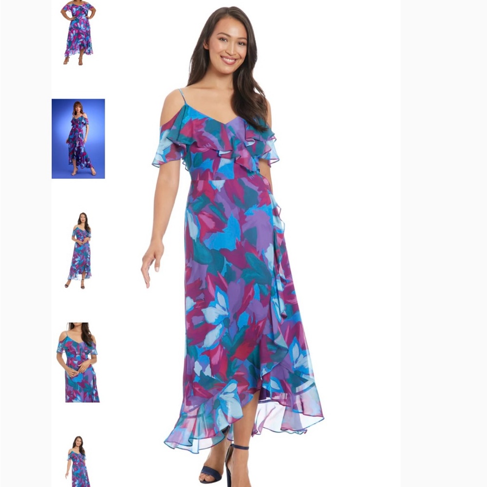 Maggy London ruffle cold-shoulder maxi dress, blue green pink, size 16W NWT